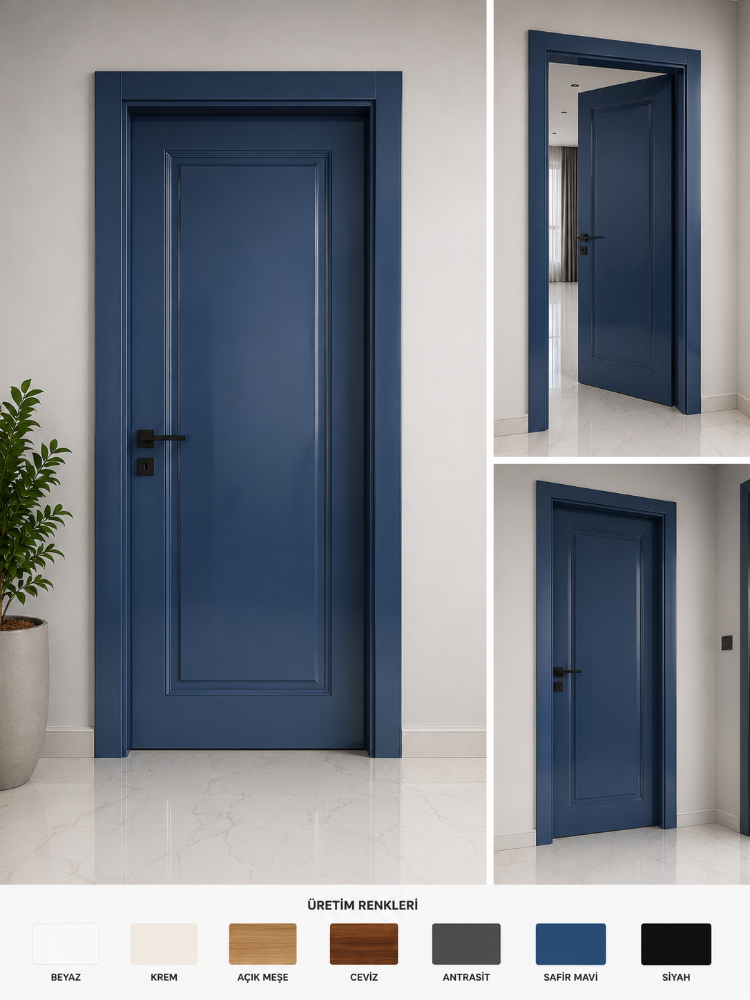 Safir Mavi Tek Panel Klasik Çerçeveli Kapı