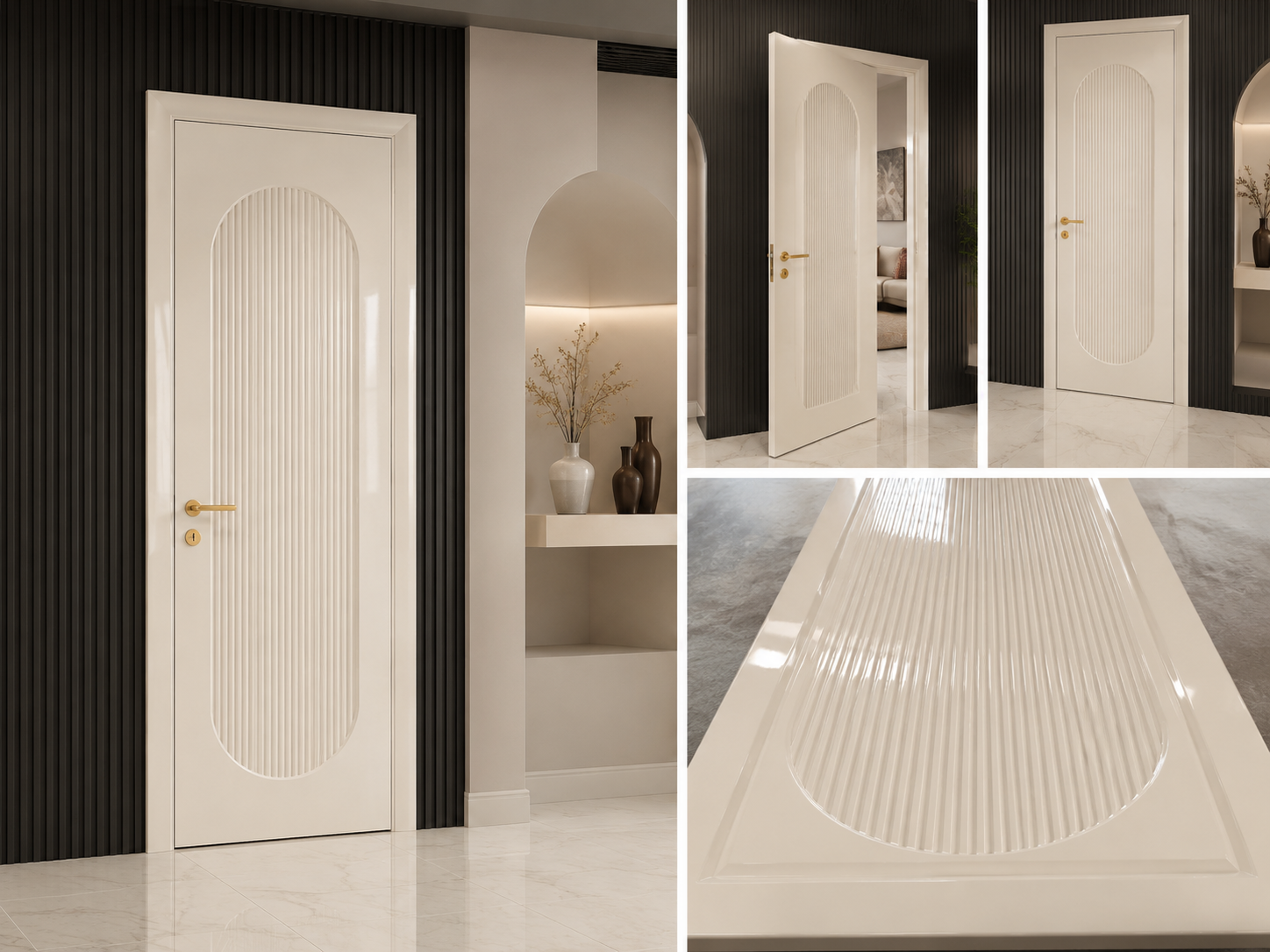 Krem Oval Kemerli Dikey Lamel Gold Kulplu Lüks Kapı