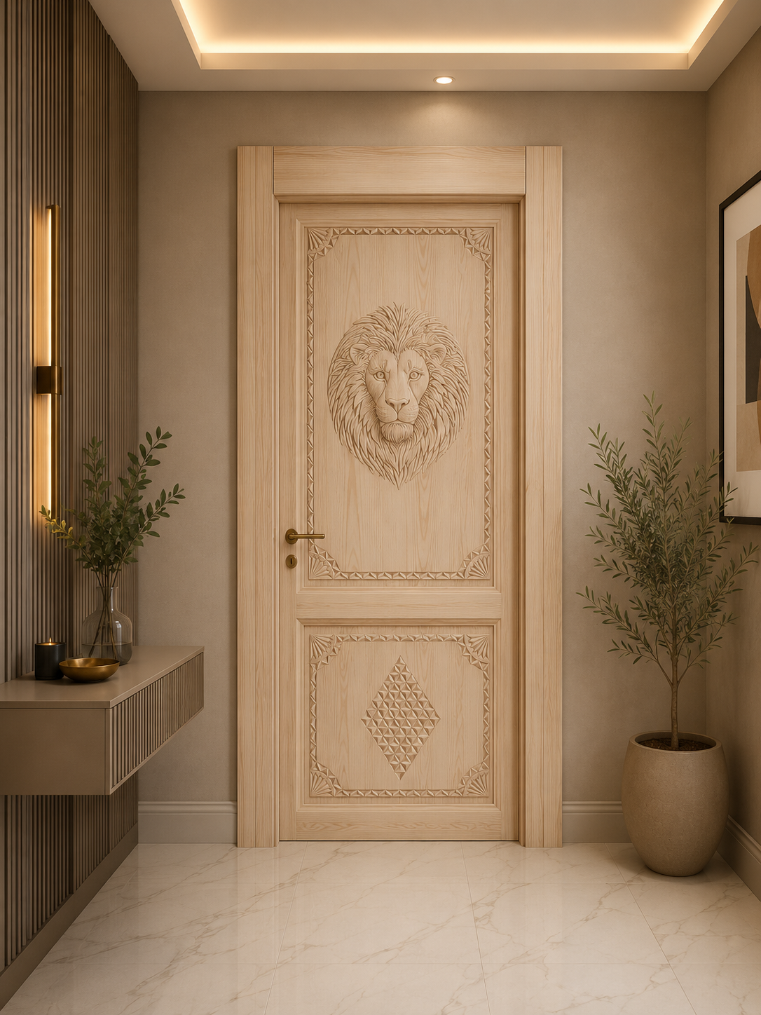 Doğal Meşe Aslan Kabartmalı Özel Kapı